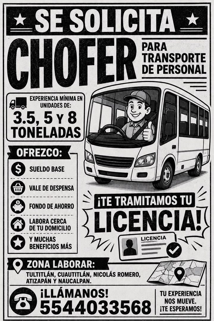 Banner del anuncio de la vacante: ≤ SE SOLICITA * · CHOFER · PARA · TRANSPORTE · DE PERSONAL · EXPERIENCIA MÍNIMA EN · UNIDADES DE: · 3.5, 5 Y 8 · TONELADAS · OFREZCO: · $ · 