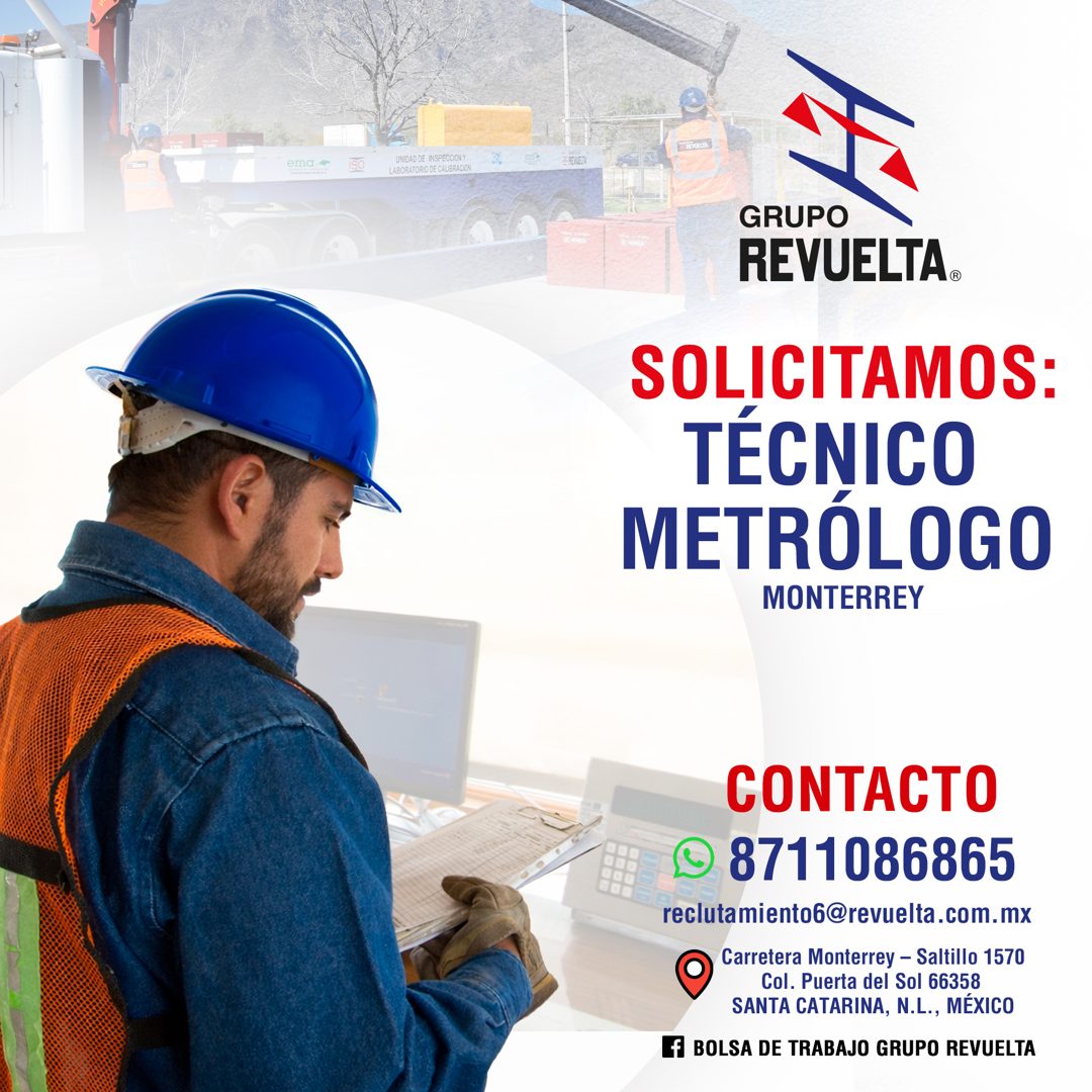 Banner del anuncio de la vacante: ema A · ISO · UNIDAD DE INSPECCIONY · LABORATORIO DE CALIBRACION · 7E RETUELTA · GRUPO · REVUELTA. · SOLICITAMOS: · TÉCNICO · METRÓLOGO · MO