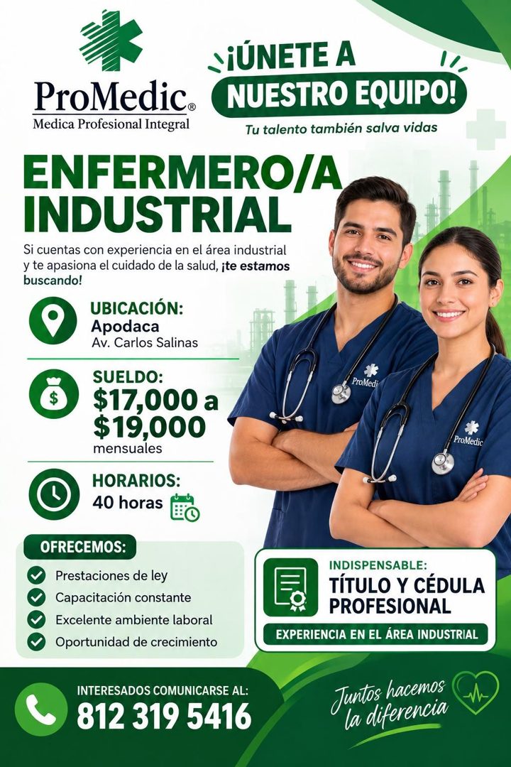 Banner del anuncio de la vacante: ProMedic. · Medica Profesional Integral · SiUNETE A · NUESTRO EQUIPO! · Tu talento también salva vidas · ENFERMERO/A · INDUSTRIAL · Si cuent