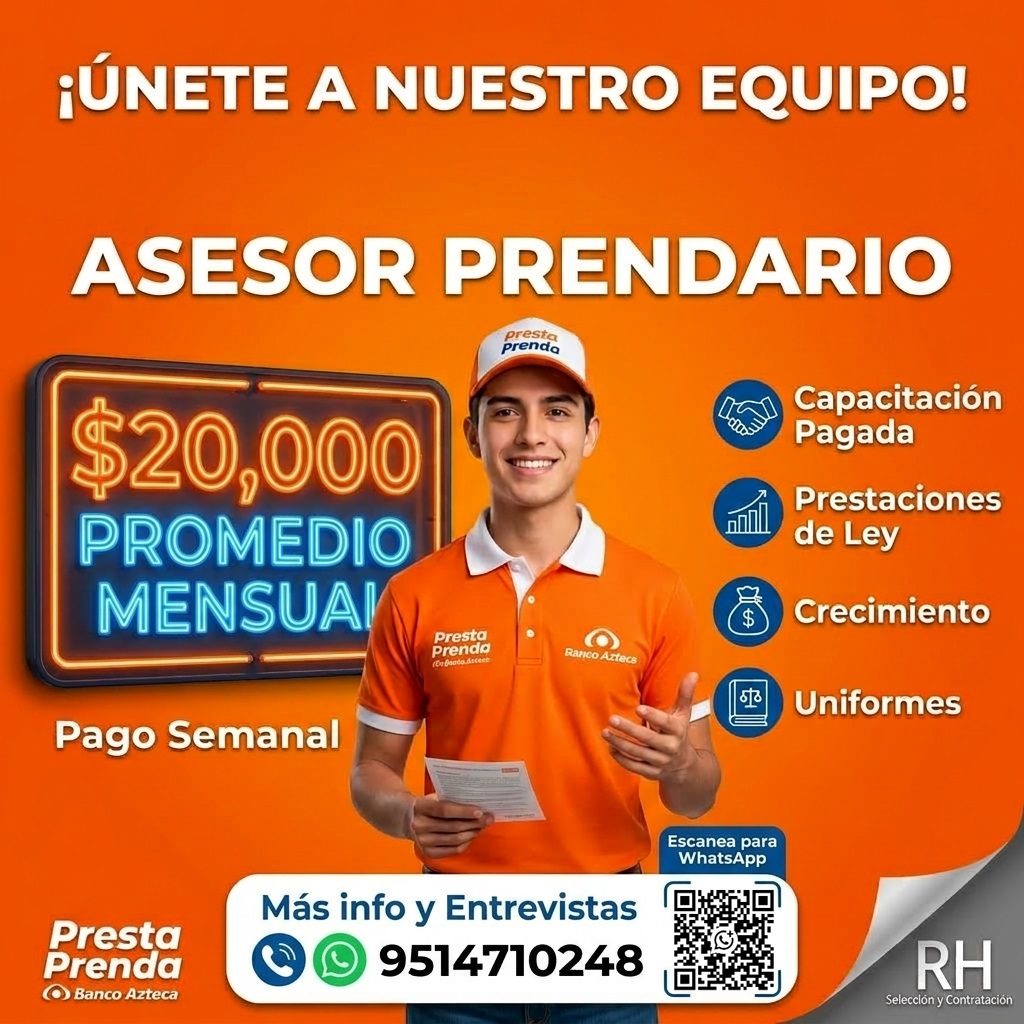 Banner del anuncio de la vacante: ¡ÚNETE A NUESTRO EQUIPO! · ASESOR PRENDARIO · presta · prenda · $20,000 · PROMEDIO · MENSUAI · Presta · prenda · (Оо баоба Лесесе · Rarico A