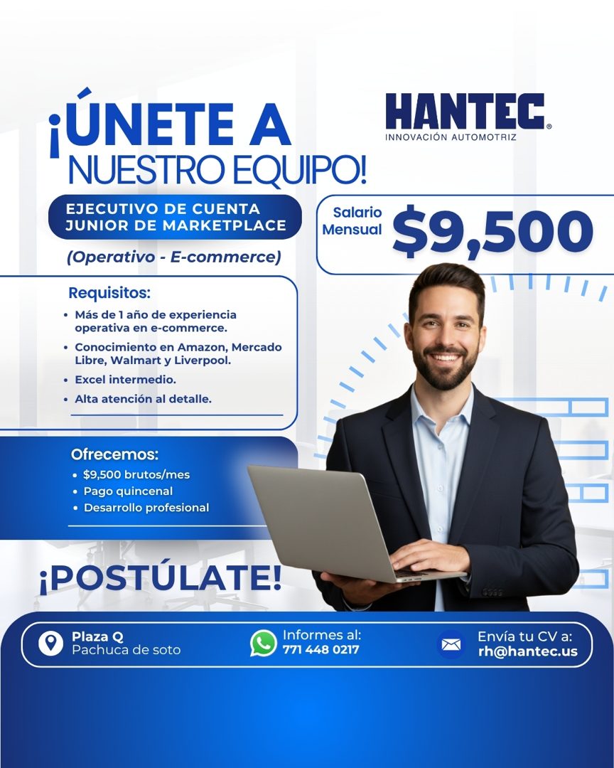 Banner del anuncio de la vacante: ¡ÚNETE A · NUESTRO EQUIPO! · EJECUTIVO DE CUENTA · JUNIOR DE MARKETPLACE · Salario · Mensual · (Operativo - E-commerce) · Requisitos: · • Má