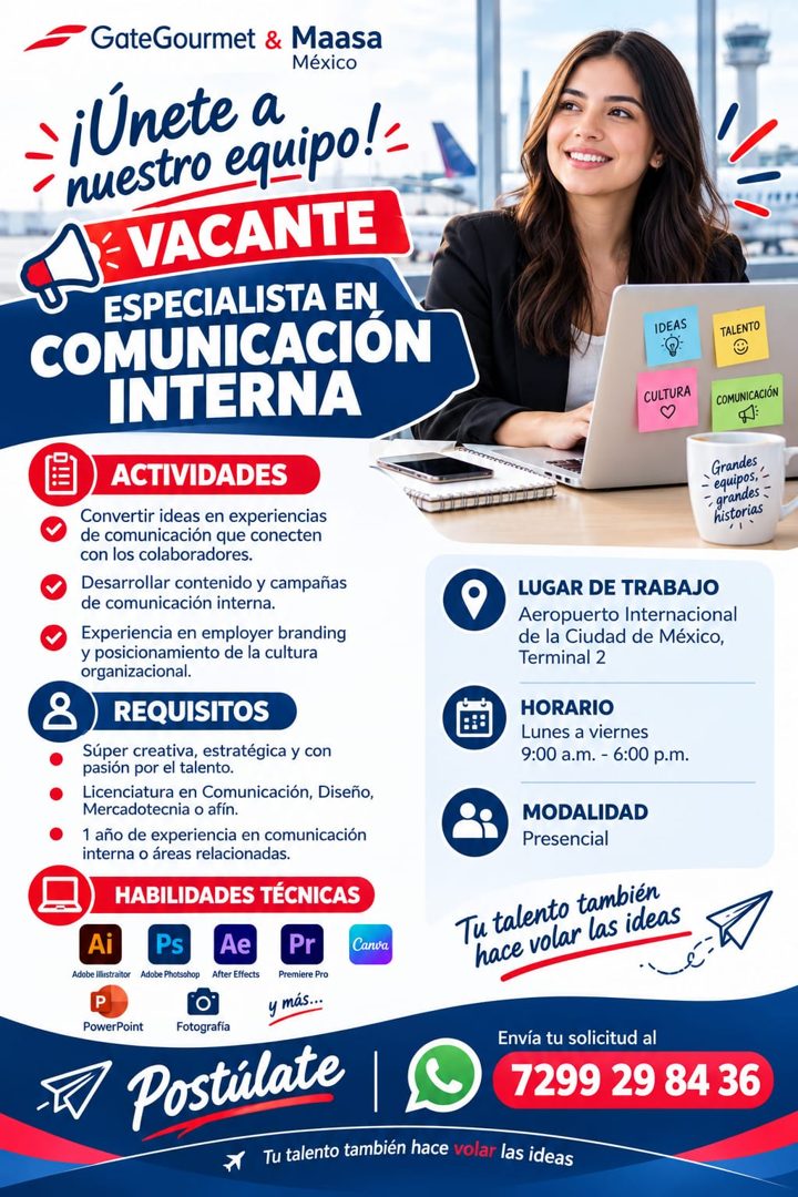 Banner del anuncio de la vacante: GateGourmet & Maasa · México · ¡Únete a · nuestro equipo! · VACANTE · ESPECIALISTA EN · COMUNICACION · INTERNA · ACTIVIDADES · 8 · • · • · C
