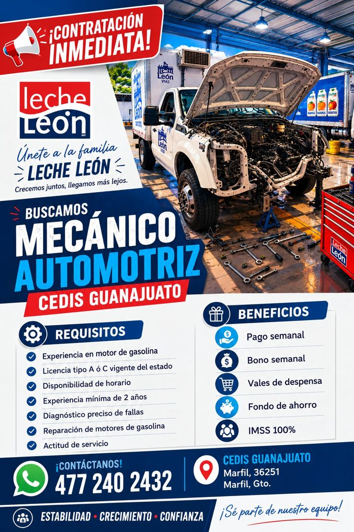 Banner del anuncio de la vacante: E ¡CONTRATACIÓN · INMEDIATA! · Leon · V142 · leche · Leon · Unete a la familia · - LECHE LEÓN = · Crecemos juntos, llegamos más lejos. · BUS