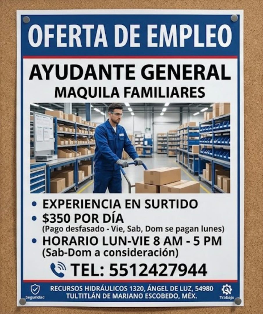 Banner del anuncio de la vacante: OFERTA DE EMPLEO · AYUDANTE GENERAL · MAQUILA FAMILIARES · • EXPERIENCIA EN SURTIDO · • $350 POR DÍA · (Pago desfasado - Vie, Sab, Dom se pa