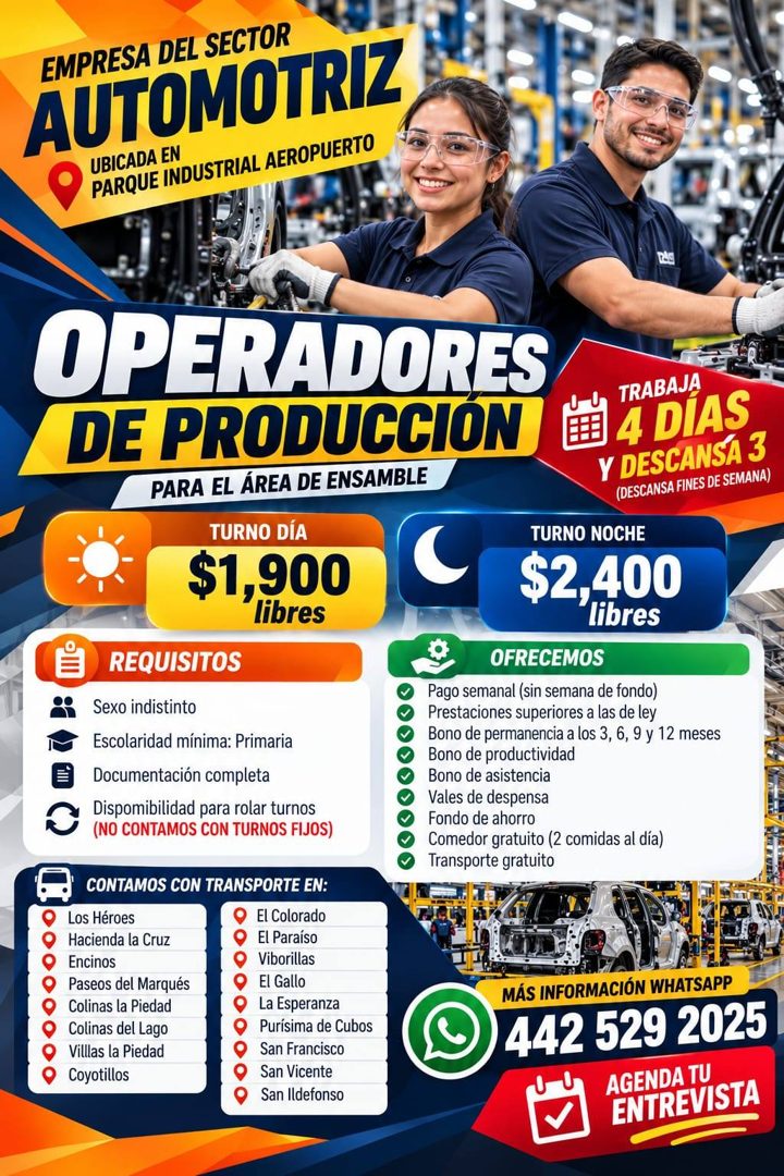 Banner del anuncio de la vacante: EMPRESA DEL SECTOR · AUTOMOTRIZ · UBICADA EN · PARQUE INDUSTRIAL AEROPUERTO · OPERADORES · DE PRODUCCIÓN · PARA EL ÁREA DE ENSAMBLE · TURNO 