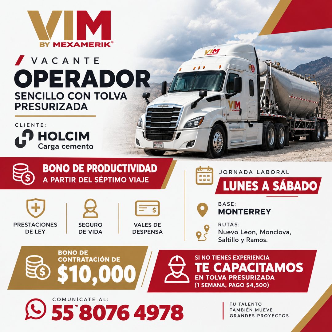 Banner del anuncio de la vacante: VIM · BY MEXAMERIK® · / · VACANTE · OPERADOR · SENCILLO CON TOLVA · PRESURIZADA · CLIENTE: · & HOLCIM · Carga cementa · BONO DE PRODUCTIVIDA
