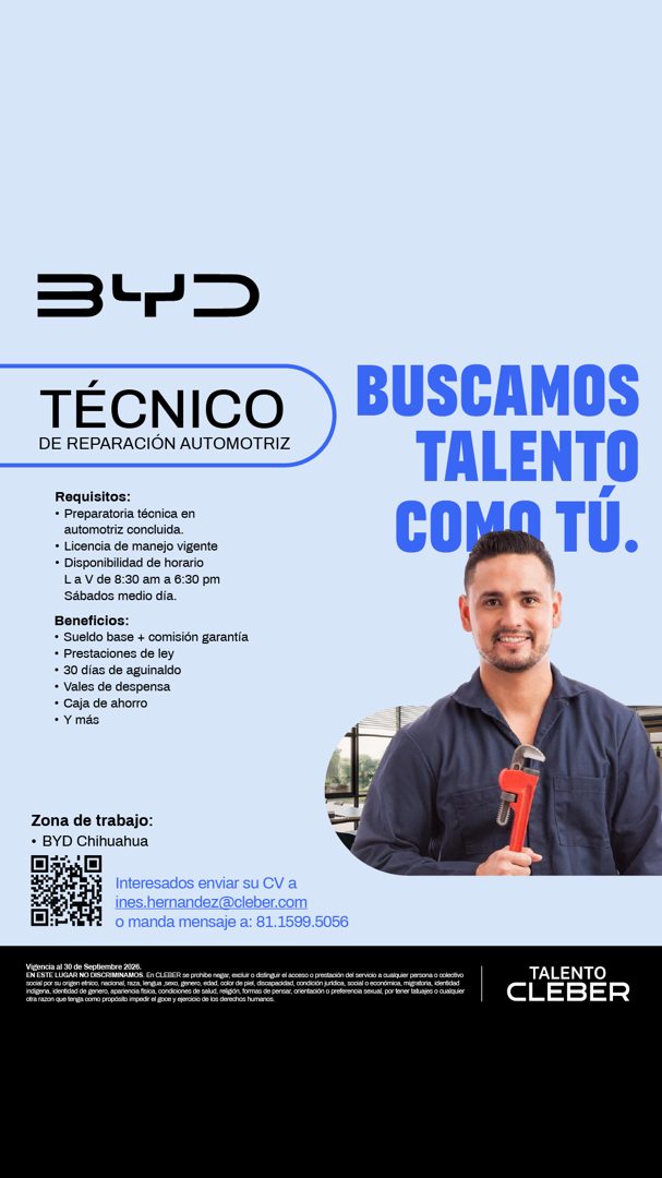 Banner del anuncio de la vacante: TÉCNICO · DE REPARACIÓN AUTOMOTRIZ · BUSCAMOS · TALENTO · COMA TÚ. · Requisitos: · • Preparatoria técnica en · automotriz concluida. · • Lic