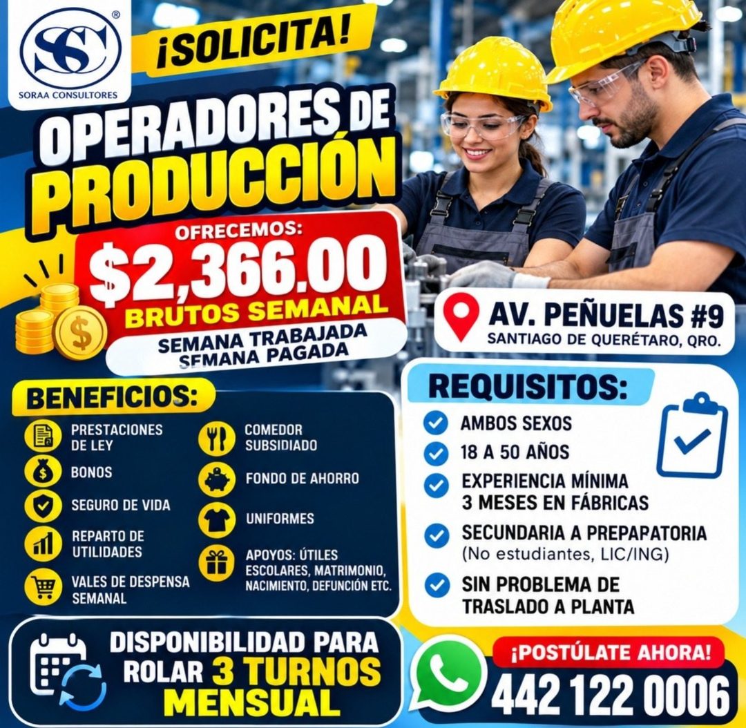 Banner del anuncio de la vacante: ¡SOLICITA! · SORAA CONSULTORES · OPERADORES DE · PRODUCCIÓN · OFRECEMOS: · $2,366.00 · BRUTOS SEMANAL · SEMANA TRABAJADA · SFMANA PAGADA · B
