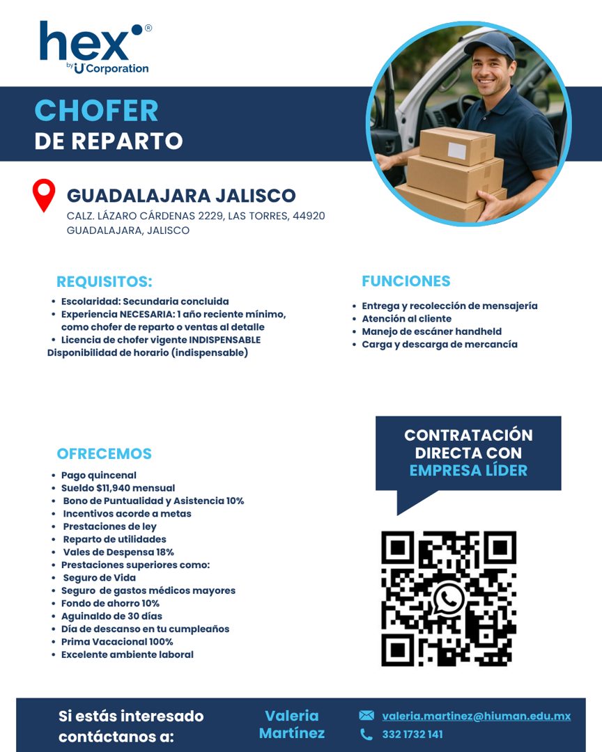 Banner del anuncio de la vacante: hex®® · by U Corporation · CHOFER · DE REPARTO · GUADALAJARA JALISCO · CALZ. LÁZARO CÁRDENAS 2229, LAS TORRES, 44920 · GUADALAJARA, JALISCO 