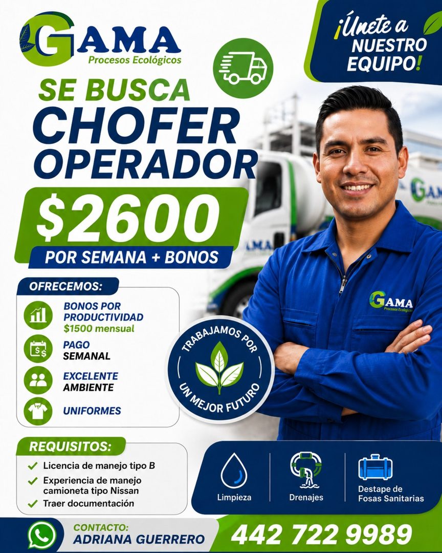 Banner del anuncio de la vacante: GAMA · Procesos Ecológicos · SE BUSCA · CHOFER · OPERADOR · $2600 · POR SEMANA + BONOS · IMA · OFRECEMOS: · BONOS POR · PRODUCTIVIDAD · $150