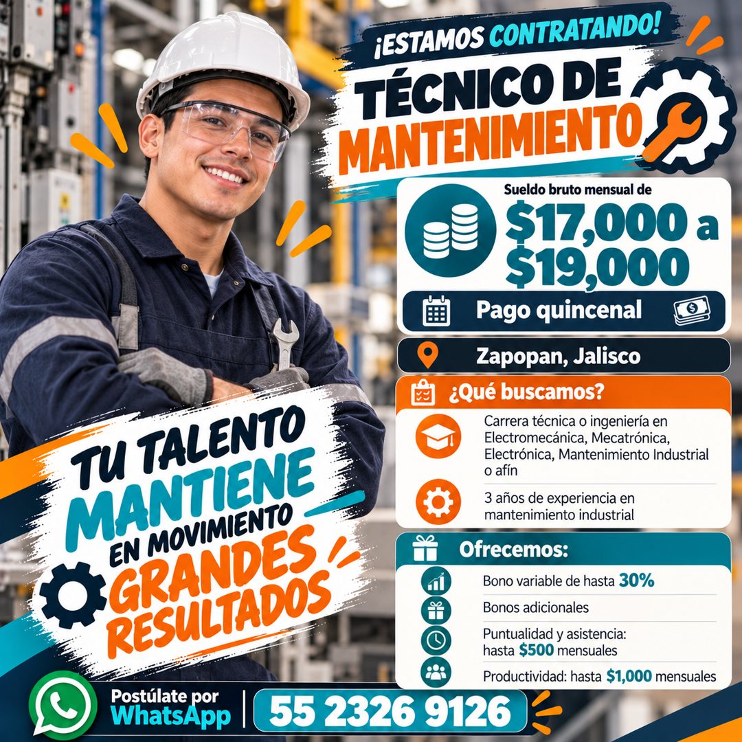 Banner del anuncio de la vacante: TU TALENTO · MANTIENE · EN MOVIMIENTO · GRANDES , · RESULTADOS · Postúlate por · WhatsApp · ¡ESTAMOS CONTRATANDO! · TÉCNICO DE * · MANTENIMI