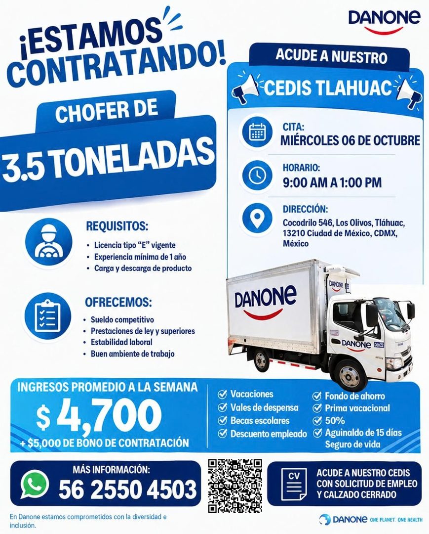 Banner del anuncio de la vacante: ¡ESTAMOS · CONTRATANDO! · CHOFER DE · 3.5 TONELADAS · DANONE · REQUISITOS: · • Licencia tipo "E" vigente · • Experiencia mínima de 1 año · •