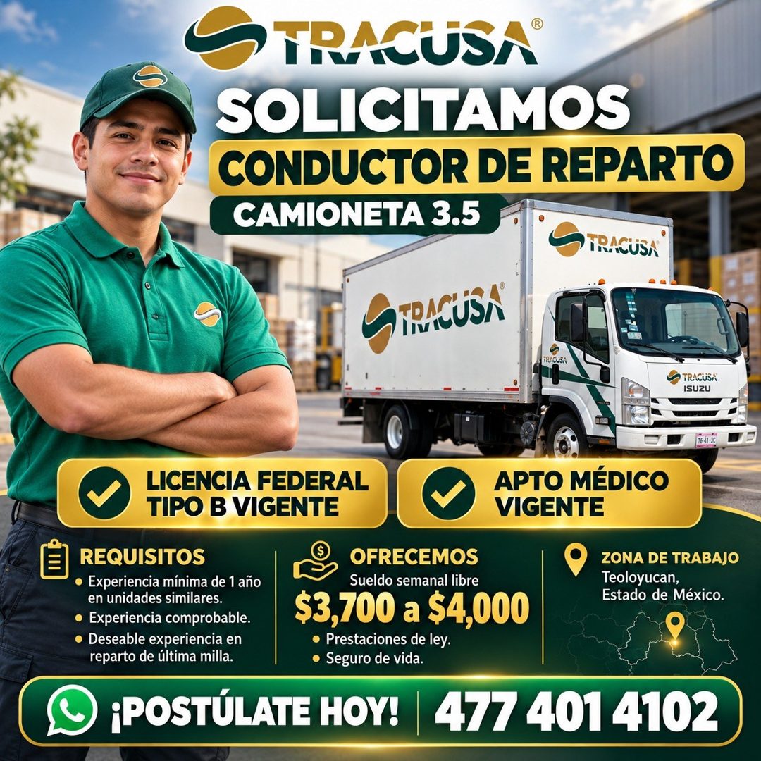 Banner del anuncio de la vacante: S TRACUSA® · SOLICITAMOS · CONDUCTOR DE REPARTO · CAMIONETA 3.5 · ЭТРА · TRACUSA · TRACUSA · TRACUSA · ISUZU · 76.41:80 · LICENCIA FEDERAL ·
