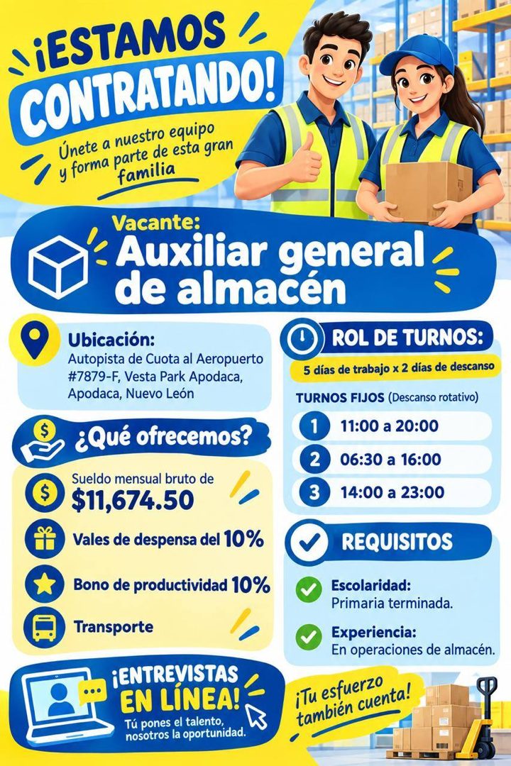 Banner del anuncio de la vacante: • ¡ESTAMOS / · CONTRATANDO! · Únete a nuestro equipo · y forma parte de esta gran · familia · Vacante: · Auxiliar general · de almacen · Ubi