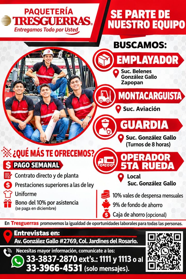 Banner del anuncio de la vacante: PAQUETERÍA · TRESGUERRAS. · Entregamos Todo por Usted · SE PARTE DE · NUESTRO EQUIPO · BUSCAMOS: · EMPLAYADOR · Suc. Belenes · González Gall
