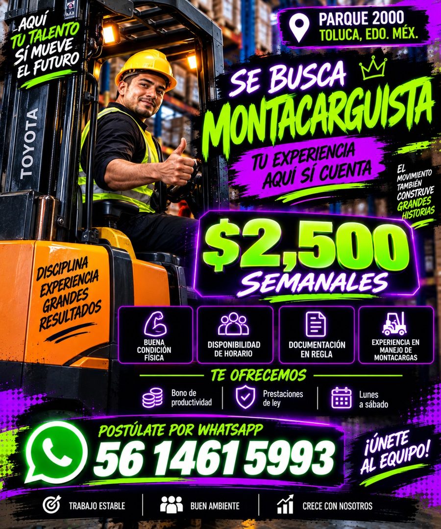 Banner del anuncio de la vacante: LAQUÍ · TU TALENTO · SÍ MUEVE · EL FUTURO. · TOYOTA · PARQUE 2000 · TOLUCA, EDO. MÉX. · SE BUSCA M · MONTACARGUISTA · TU EXPERIENCIA · AQUÍ 