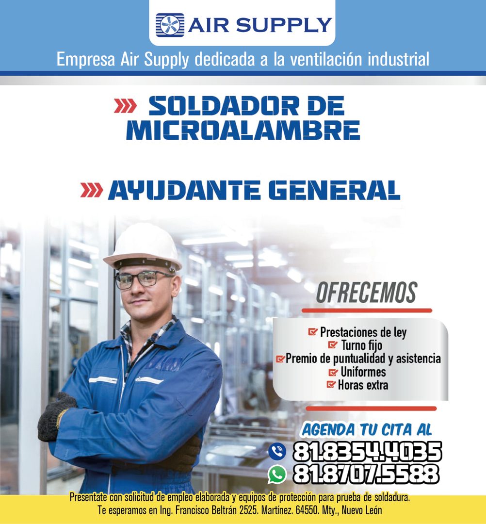 Banner del anuncio de la vacante: K AIR SUPPLY · Empresa Air Supply dedicada a la ventilación industrial · SOLDADOR DE · MICROALAMBRE · › AYUDANTE GENERAL · OFRECEMOS · E Pre