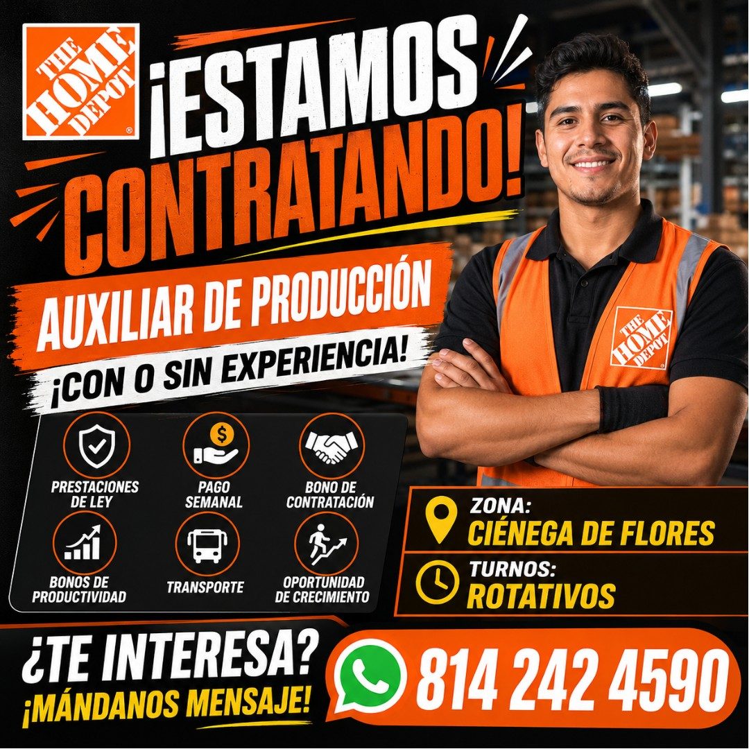 Banner del anuncio de la vacante: ¡ESTAMOS · CONTRATANDO! · AUXILIAR DE PRODUCCIÓN · ¡CON O SIN EXPERIENCIA! · DEPOY · PRESTACIONES · DE LEY · PAGO · SEMANAL · BONO DE · CONT