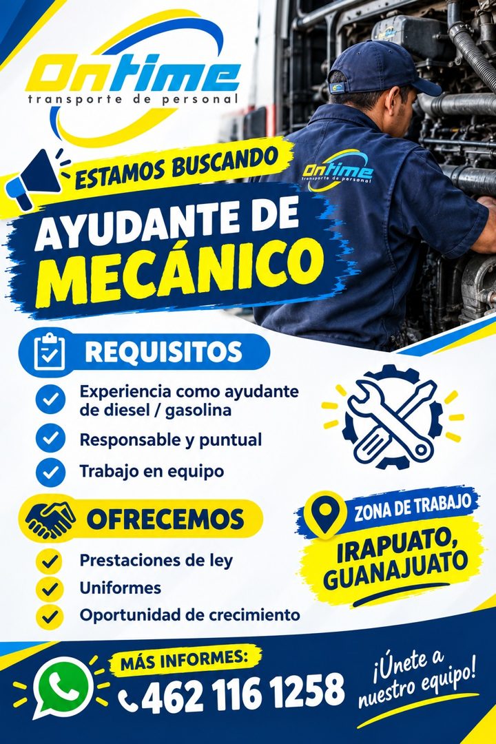 Banner del anuncio de la vacante: Ortime · transporte de personal · •ESTAMOS BUSCANDO · AYUDANTE DE · MECÁNICO · tronsporte de personal · REQUISITOS · Experiencia como ayudan