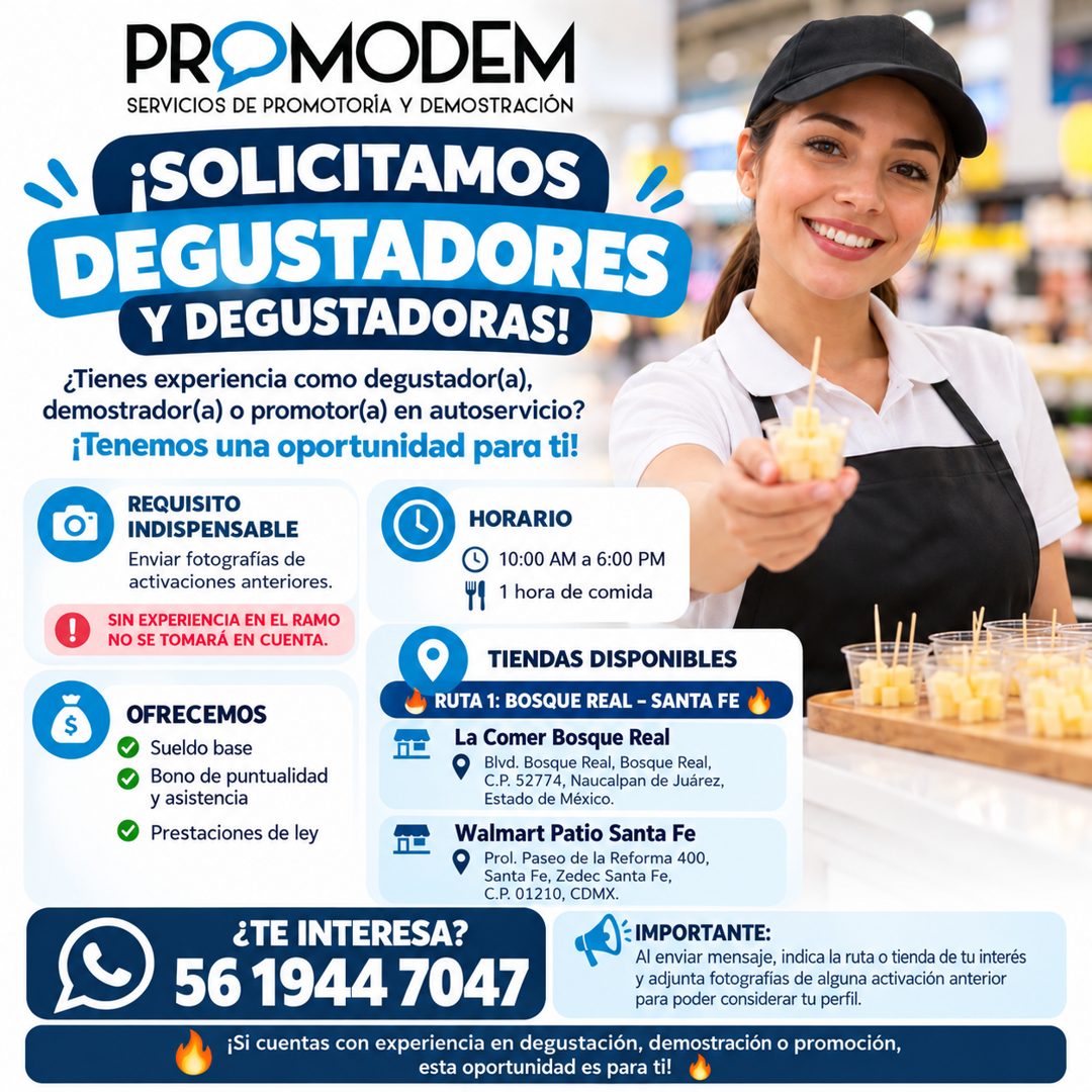 Banner del anuncio de la vacante: PROMODEM · SERVICIOS DE PROMOTORIA Y DEMOSTRACION · ¡SOLICITAMOS · DEGUSTADORES · Y DEGUSTADORAS! · ¿Tienes experiencia como degustador(a), 
