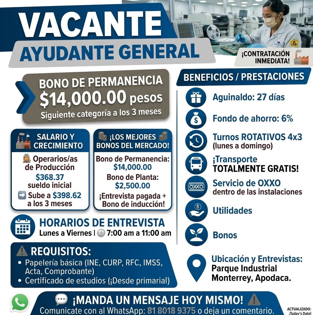 Banner del anuncio de la vacante: VACANTE · AYUDANTE GENERAL · ¡CONTRATACIÓN · INMEDIATA! · BONO DE PERMANENCIA · $14,000.00 pesos · Siguiente categoría a los 3 meses · BENEF