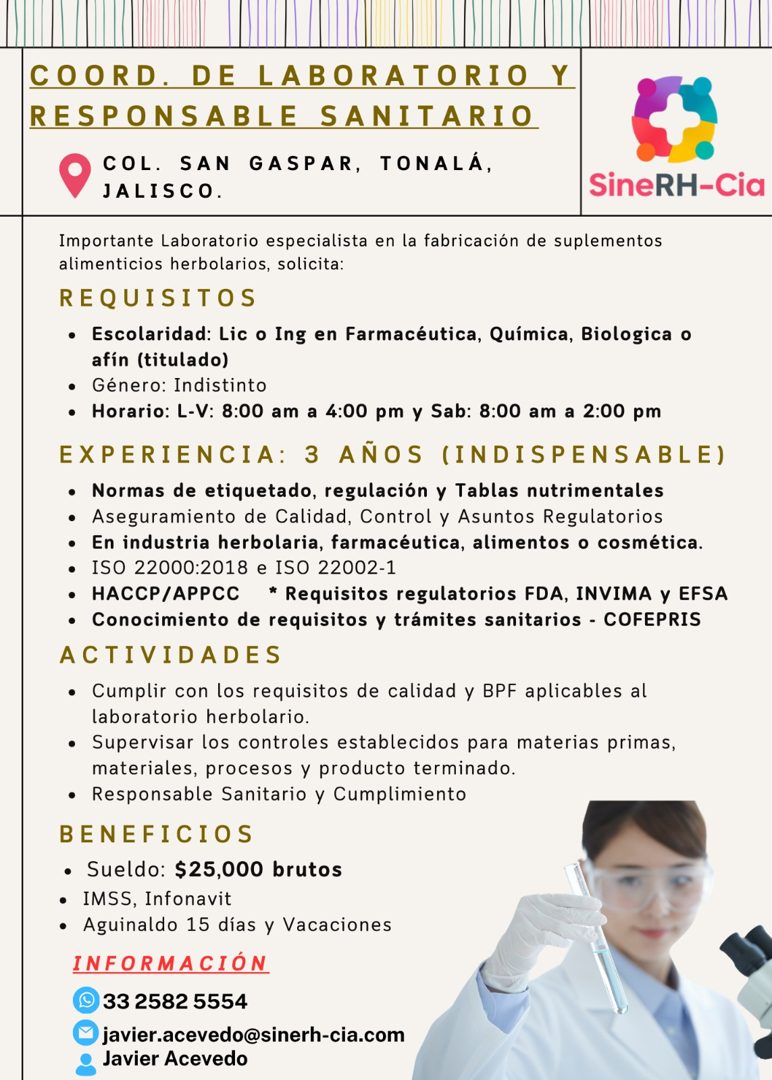 Banner del anuncio de la vacante: COORD. DE LABORATORIO Y · RESPONSABLE SANITARIO · COL. SAN GASPAR, TONALÁ, · JALISCO. · SineRH-Cia · Importante Laboratorio especialista en 