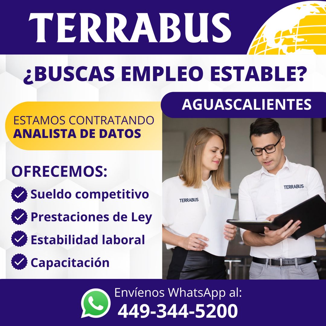 Banner del anuncio de la vacante: TERRABUS · ¿BUSCAS EMPLEO ESTABLE? · AGUASCALIENTES · ESTAMOS CONTRATANDO · ANALISTA DE DATOS · OFRECEMOS: · Sueldo competitivo · Prestacion