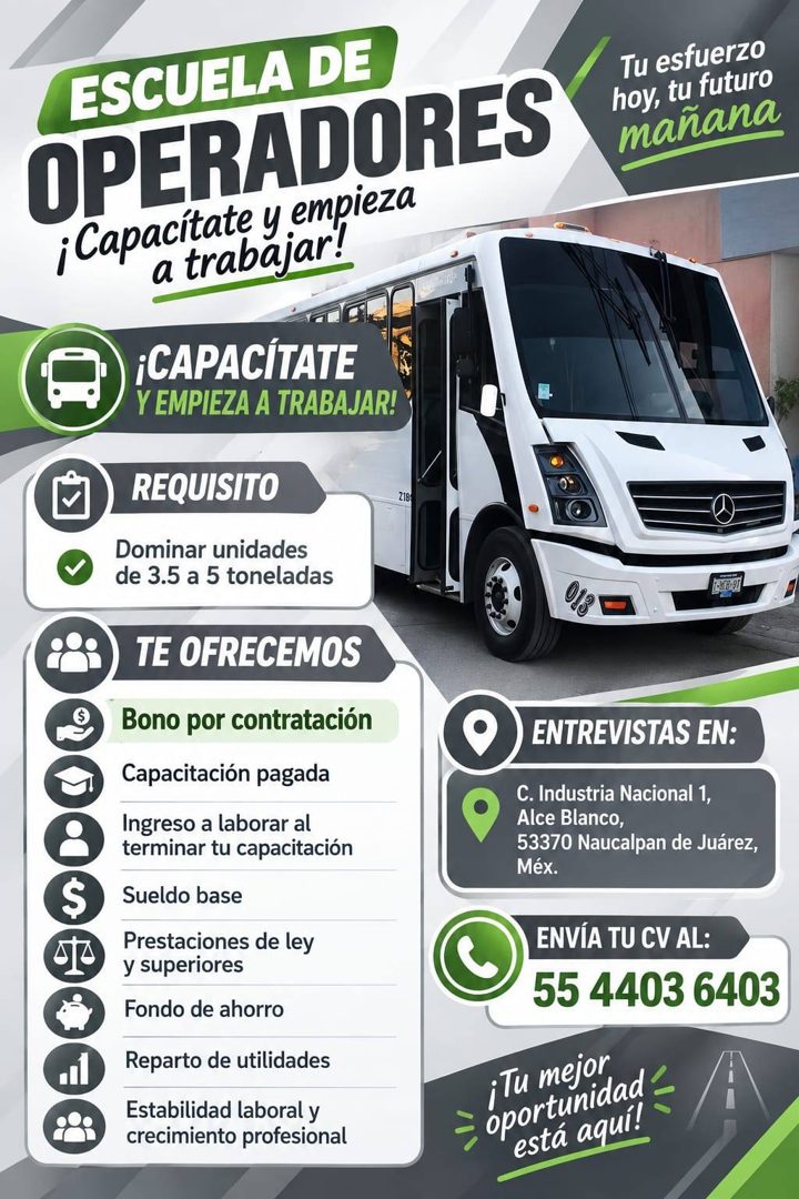 Banner del anuncio de la vacante: ESCUELA DE · OPERADORES · ¡Capacitate y empieza · a trabajar! · •CAPACITATE · Y EMPIEZA A TRABAJAR! · REQUISITO · 21B9 · Dominar unidades · 