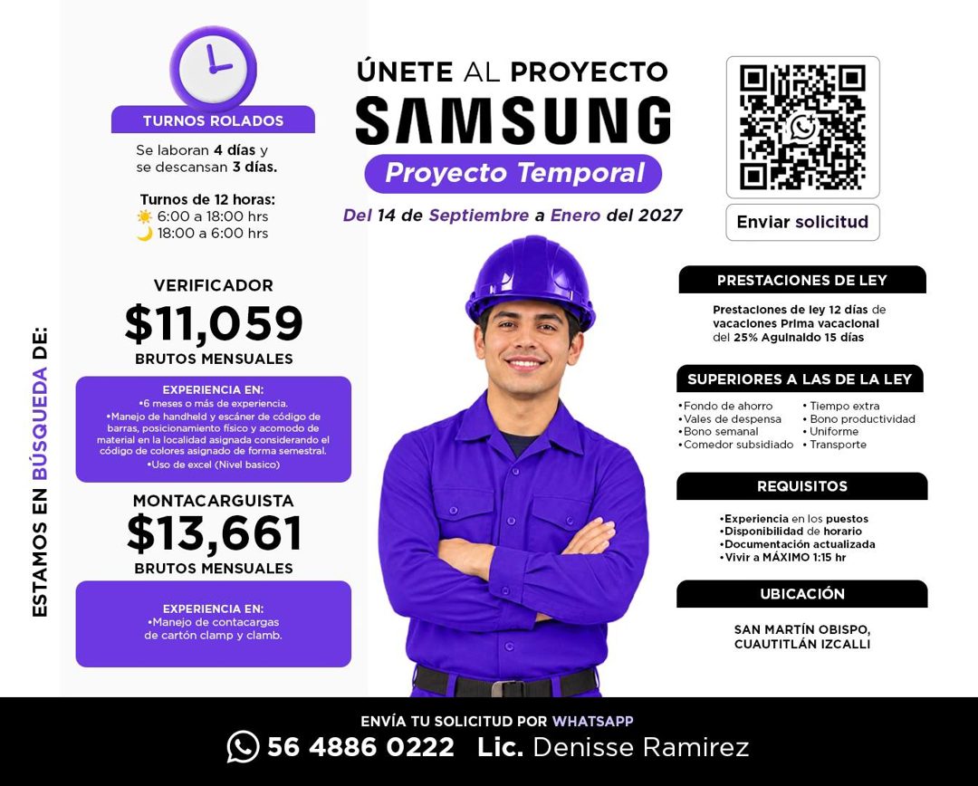Banner del anuncio de la vacante: ESTAMOS EN BÚSQUEDA DE: · TURNOS ROLADOS · Se laboran 4 días y · se descansan 3 días. · Turnos de 12 horas: · 6:00 a 18:00 hrs · 18:00 a 6:0
