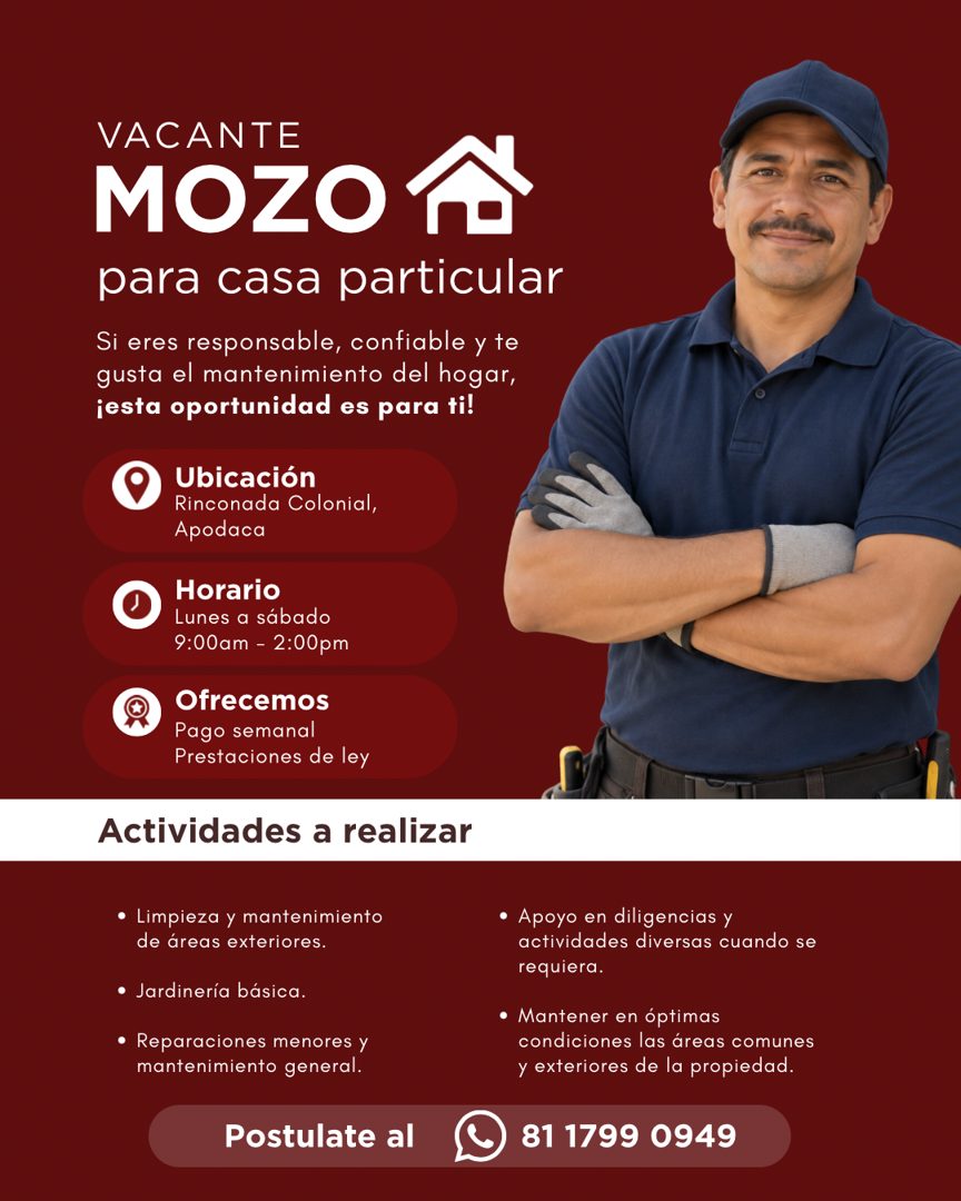 Banner del anuncio de la vacante: VACANTE · MOZO 1 · para casa particular · Si eres responsable, confiable y te · gusta el mantenimiento del hogar, · ¡esta oportunidad es par
