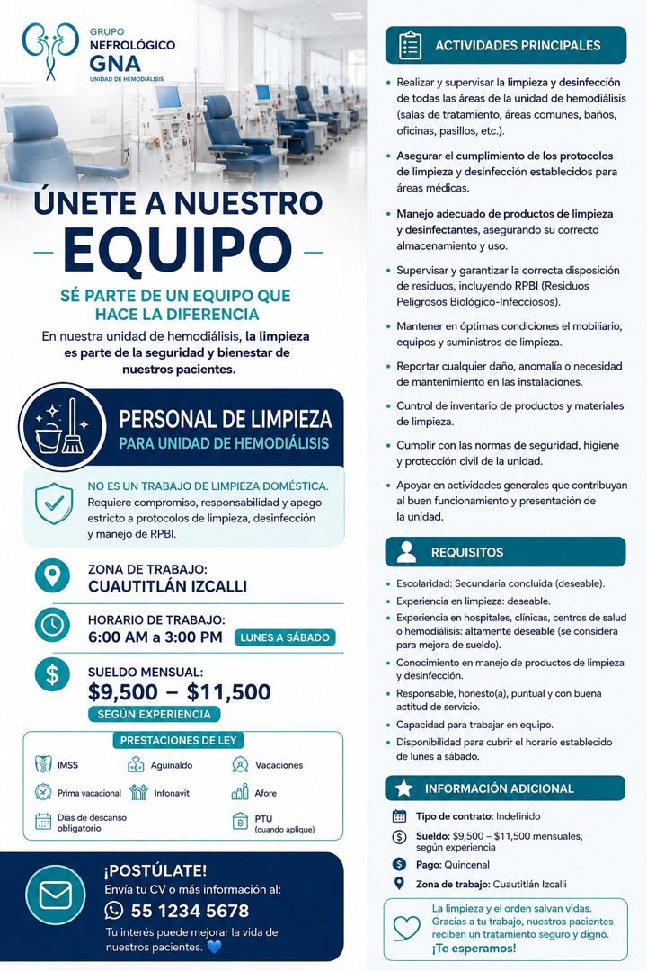 Banner del anuncio de la vacante: GRUPO · NEFROLOGICO · GNA · UNIDAD DE HEMODIALISIS · UNETE A NUESTRO · -EQUIPO - · SE PARTE DE UN EQUIPO QUE · HACE LA DIFERENCIA · En nuest