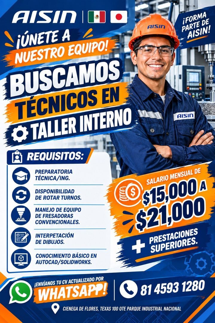 Banner del anuncio de la vacante: AISIN · ¡ÚNETE A · NUESTRO EQUIPO! · BUSCAMOS · TÉCNICOS EN · O TALLER INTERNO · AISIN · iFORMA · PARTE DE · AISIN! · AISIn · REQUISITOS: · 