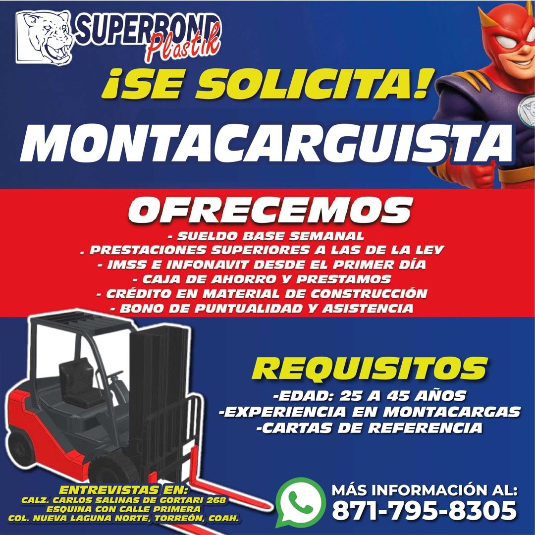 Banner del anuncio de la vacante: SUPER OND · ¡SE SOLICITA! · MONTACARGUISTA · OFRECEMOS · - SUELDO BASE SEMANAL · • PRESTACIONES SUPERIORES A LAS DE LA LEY · - IMSS E INFONA