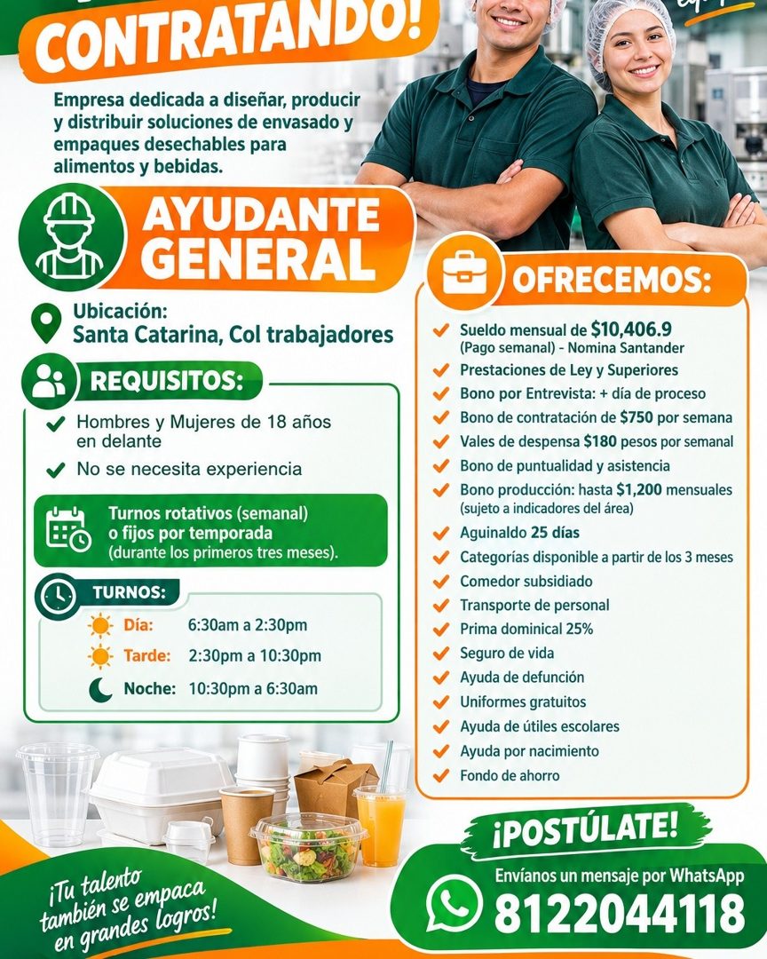 Banner del anuncio de la vacante: CONTRATANDO. · Empresa dedicada a diseñar, producir · y distribuir soluciones de envasado y · empaques desechables para · alimentos y bebida