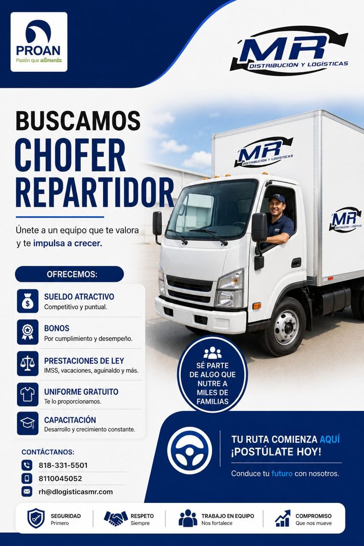 Banner del anuncio de la vacante: PROAN · Pasión que alimenta · BUSCAMOS · CHOFER · REPARTIDOR · Únete a un equipo que te valora · y te impulsa a crecer. · OFRECEMOS: · SUELD