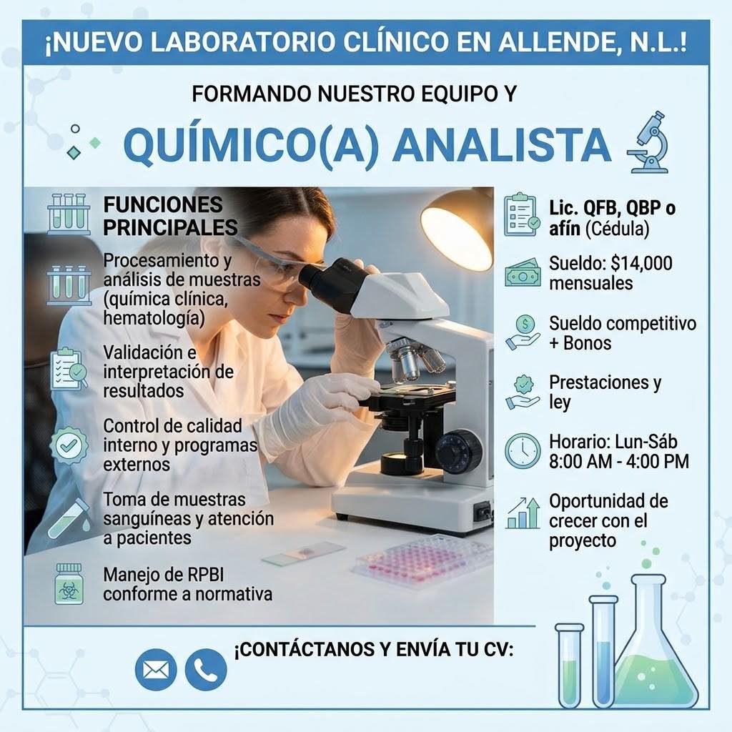 Banner del anuncio de la vacante: ¡NUEVO LABORATORIO CLÍNICO EN ALLENDE, N.L.! · FORMANDO NUESTRO EQUIPO Y · QUÍMICO(A) ANALISTA · FUNCIONES · PRINCIPALES · Procesamiento y ·