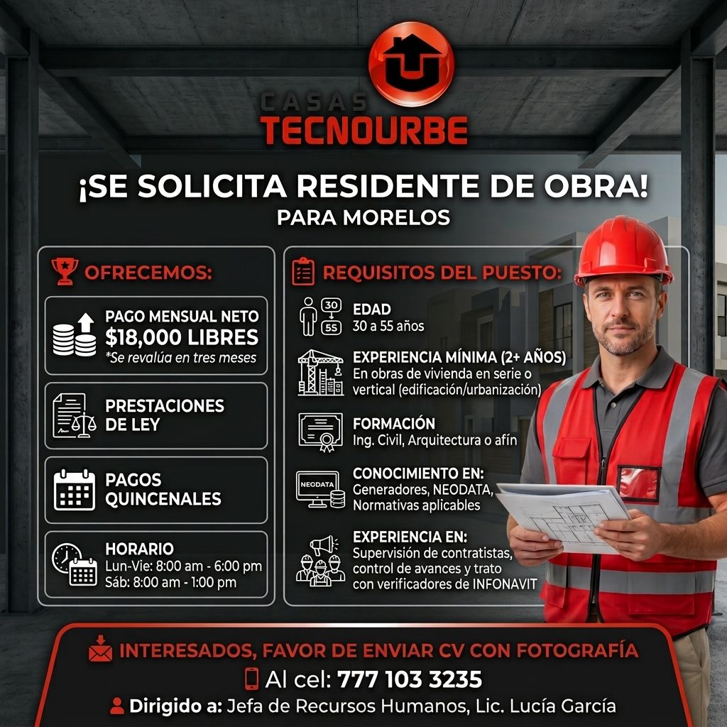 Banner del anuncio de la vacante: CASAS · TECNOURBE · ¡SE SOLICITA RESIDENTE DE OBRA! · PARA MORELOS · OFRECEMOS: · PAGO MENSUAL NETO · $18,000 LIBRES · *Se revalúa en tres m