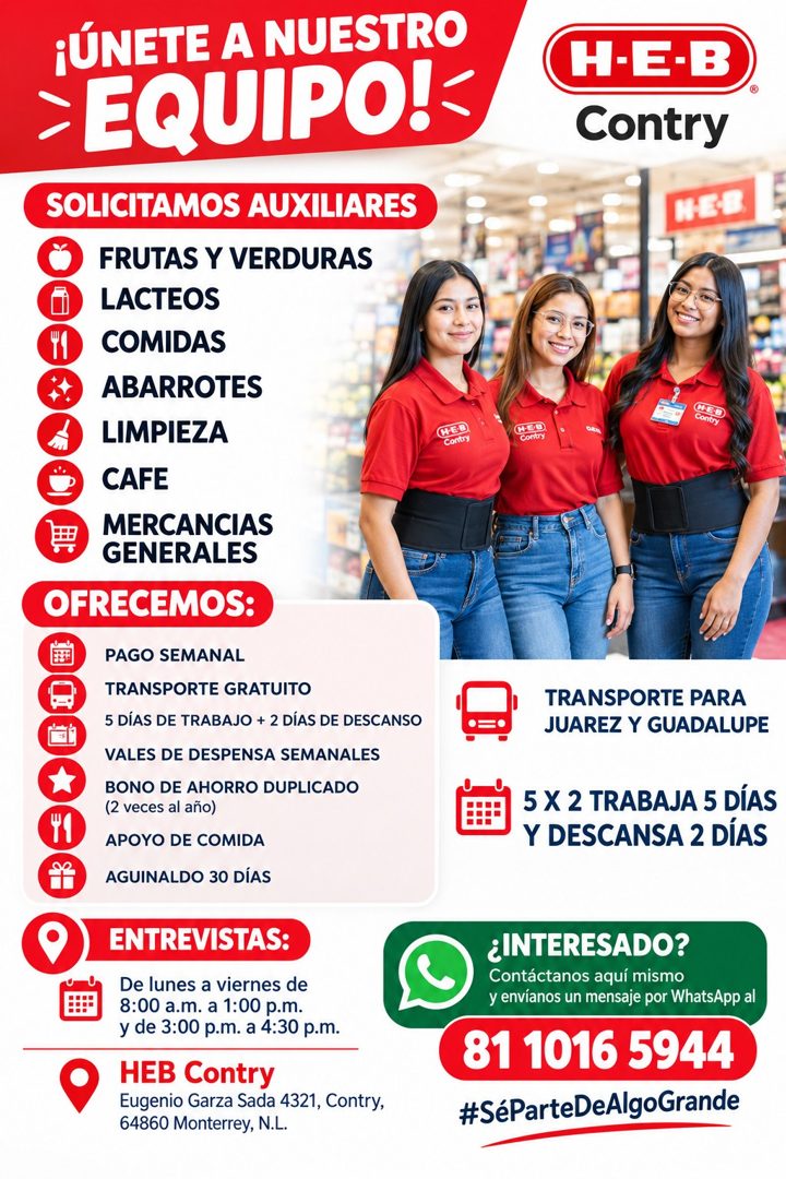 Banner del anuncio de la vacante: ¡ÚNETE A NUESTRO · -EQUIPO!- · SOLICITAMOS AUXILIARES · FRUTAS Y VERDURAS · LACTEOS · COMIDAS · ABARROTES · LIMPIEZA · CAFE · MERCANCIAS · G