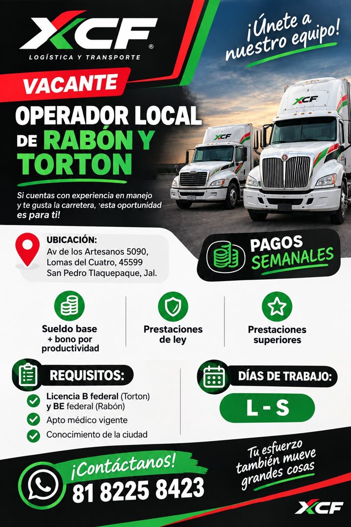Banner del anuncio de la vacante: CF. · LOGÍSTICA Y TRANSPORTE · VACANTE · OPERADOR LOCAL · DE RABON Y · TORTON · Si cuentas con experiencia en manejo · y te gusta la carrete