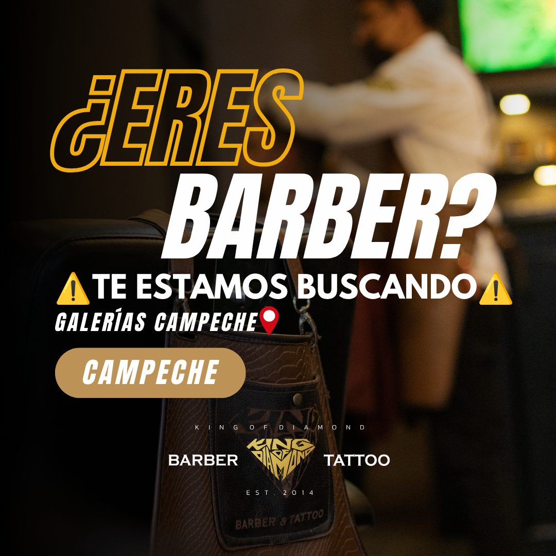 Banner del anuncio de la vacante: GERES · BARBER? · A TE ESTAMOS BUSCANDO L · GALERÍAS CAMPECHE® · CAMPECHE · G · BARBER · F · M · N · D · TATTOO · EST · 2014 · BARBER & TATT