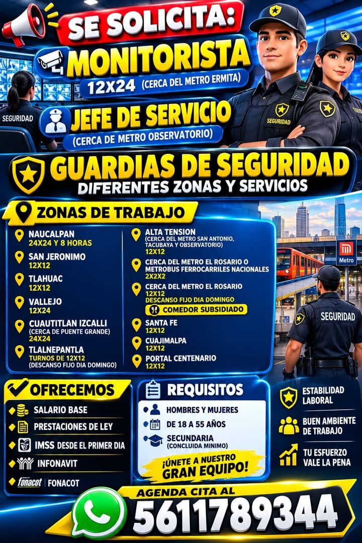 Banner del anuncio de la vacante: SE SOLICITA: · MONITORISTA · 12X24 (CERCA DEL METRO ERMITA) · SEGURIDAD · JEFE DE SERVICIO · (CERCA DE METRO OBSERVATORIO) · SEGURIDAD · GUA