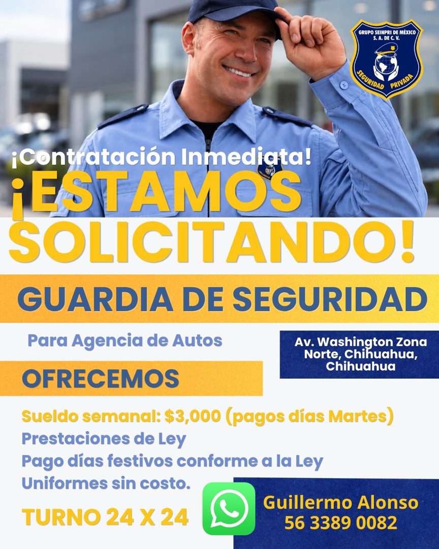 Banner del anuncio de la vacante: GRUPO SEINPRI DE MÉXICO · S. A. DE C. V. · SEGURIDAD · PRIVADA · ¡Contratación Inmediata! · ¡ESTAMOS · SOLICITANDO! · GUARDIA DE SEGURIDAD ·