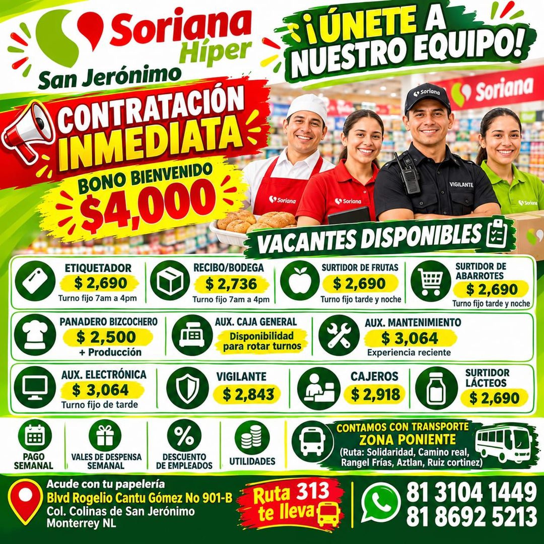 Banner del anuncio de la vacante: PAGO · SEMANAL · • Soriana · Hiper · San Jerónimo · CONTRATACIÓN · INMEDIATA - · 54,000 · BONO BIENVENIDO · BRÚNETE A · NUESTRO EQUIPO! · ga