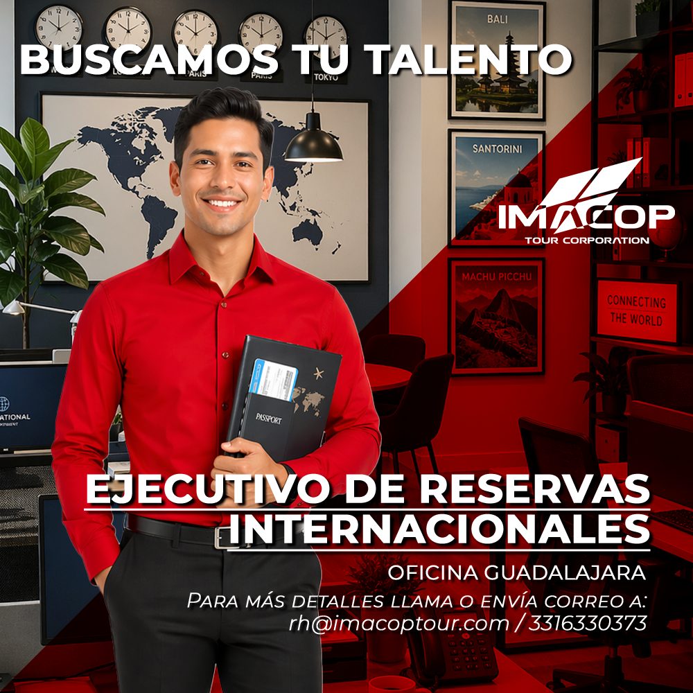 Banner del anuncio de la vacante: и 12 · BALI · BUSCAMOS TU TALENTO · SANTORINI · IMACOP · TOUR CORPORATION · MACHU PICCHU · CONNECTING · THE WORLD · ATIONAL · xraavt · PASSP