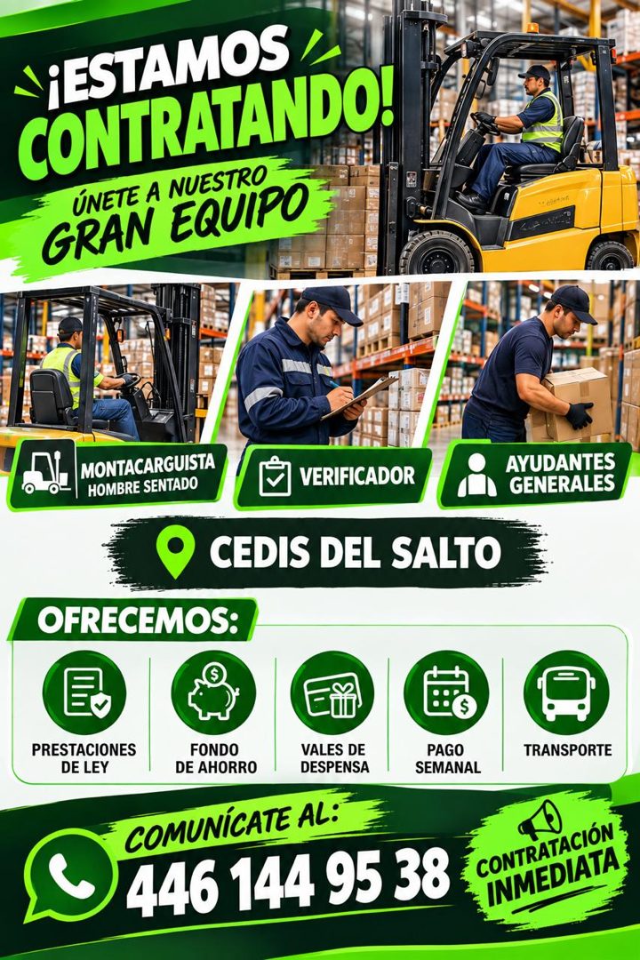 Banner del anuncio de la vacante: ~ ¡ESTAMOS · CONTRATANDO! · ÚNETE A NUESTRO · GRAN EQUIPO · MONTACARGUISTA · HOMBRE SENTADO · I VERIFICADOR · AYUDANTES · GENERALES · CEDIS 