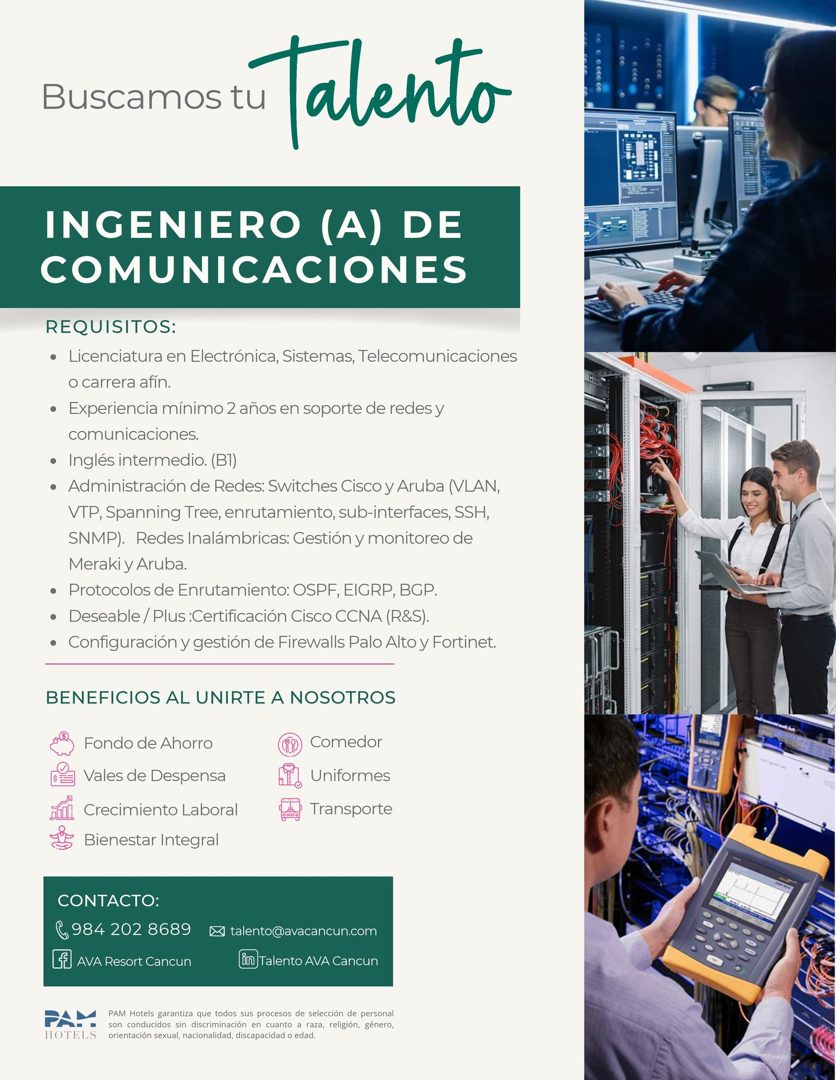 Banner del anuncio de la vacante: Buscamos tu avento · INGENIERO (A) DE · COMUNICACIONES · REQUISITOS: · • Licenciatura en Electrónica, Sistemas, Telecomunicaciones · o carre