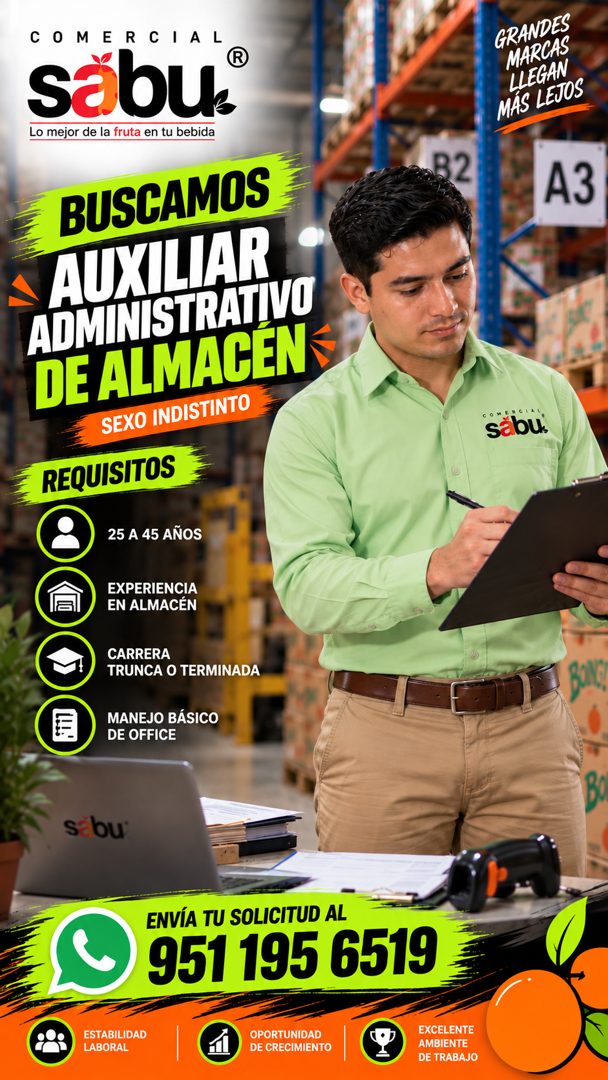 Banner del anuncio de la vacante: COMERCIA ® · GRANDES · MARCAS · LLEGAN · MÁS LEJOS · Lo mejor de la fruta en tu bebida · BUSCAMOS · AUXILIAR · ADMINISTRATIVO · DE ALMACEN ·