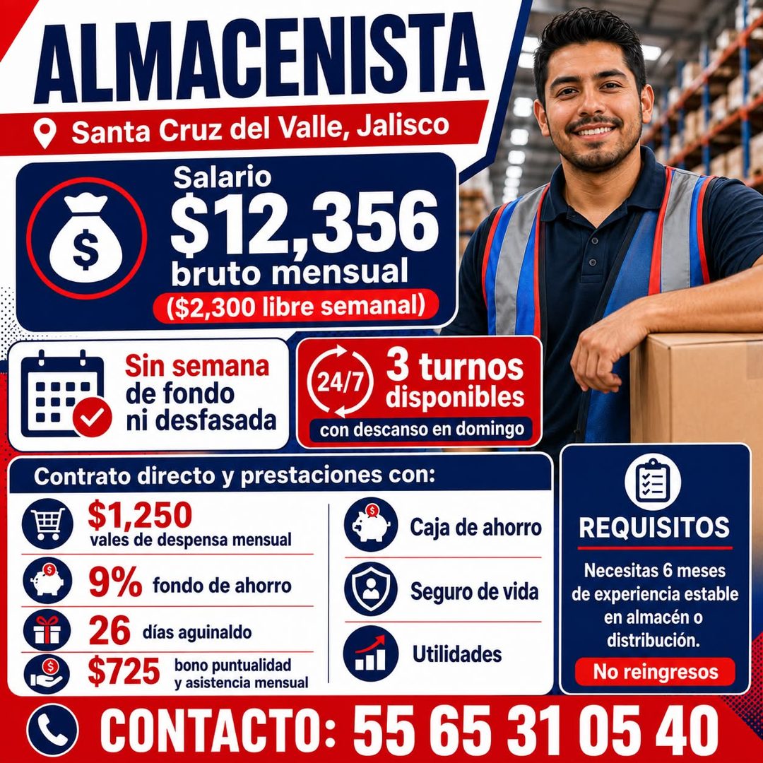 Banner del anuncio de la vacante: ALMACENISTA · Santa Cruz del Valle, Jalisco · Salario · $12,356 · bruto mensual · ($2,300 libre semanal) · Sin semana · de fondo · ni desfas