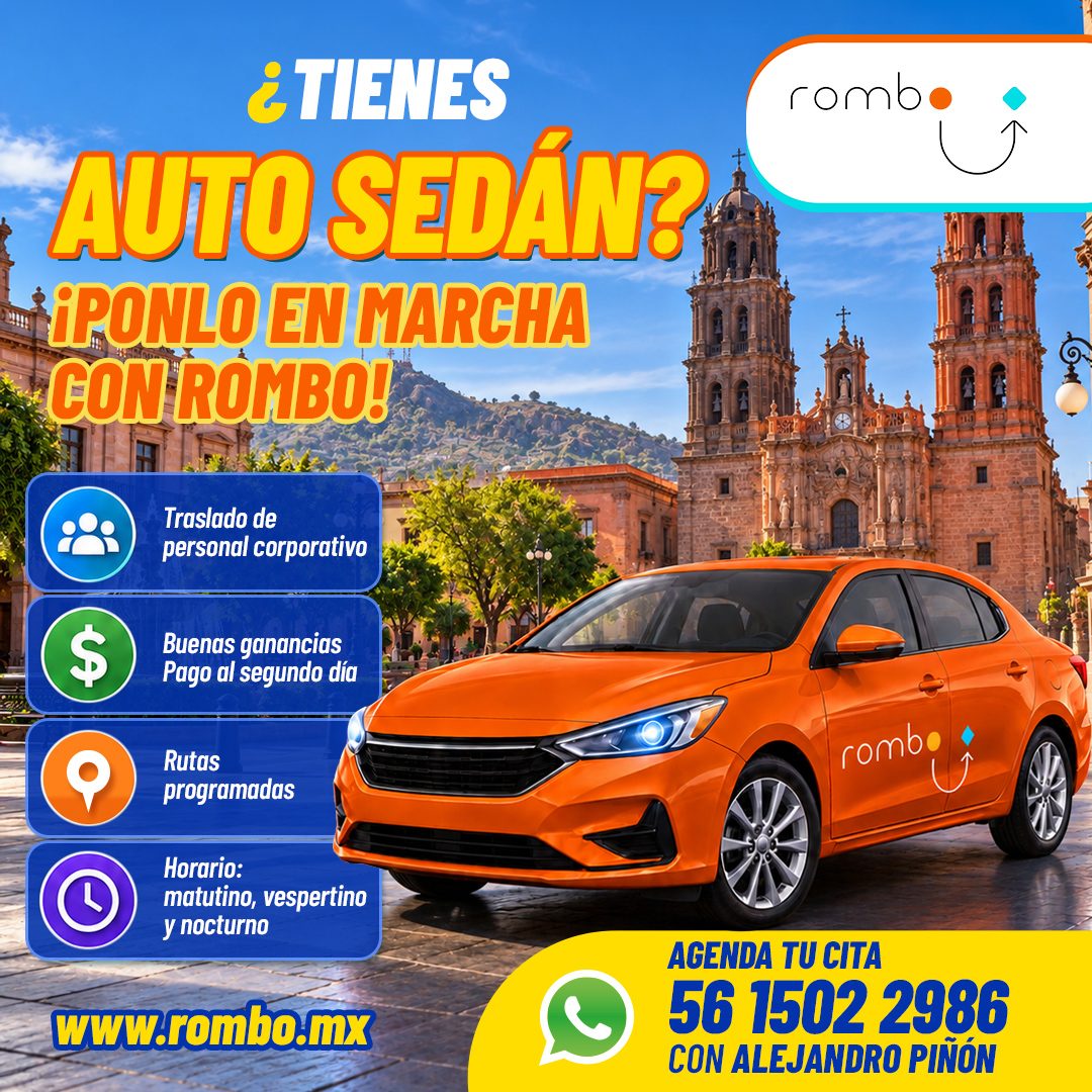Banner del anuncio de la vacante: ¿TIENES · AUTO SEDÁN? · *iPONLO EN MARCHA · CON ROMBO! · Traslado de · personal corporativo · $ · Buenas ganancias · Pago al segundo día · R