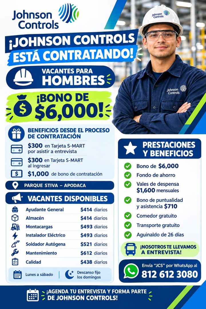 Banner del anuncio de la vacante: Johnson · Controls · ¡JOHNSON CONTROLS · ESTÁ CONTRATANDO! · VACANTES PARA · HOMBRES - · $ · ¡BONO DE · $6,000! · BENEFICIOS DESDE EL PROCES
